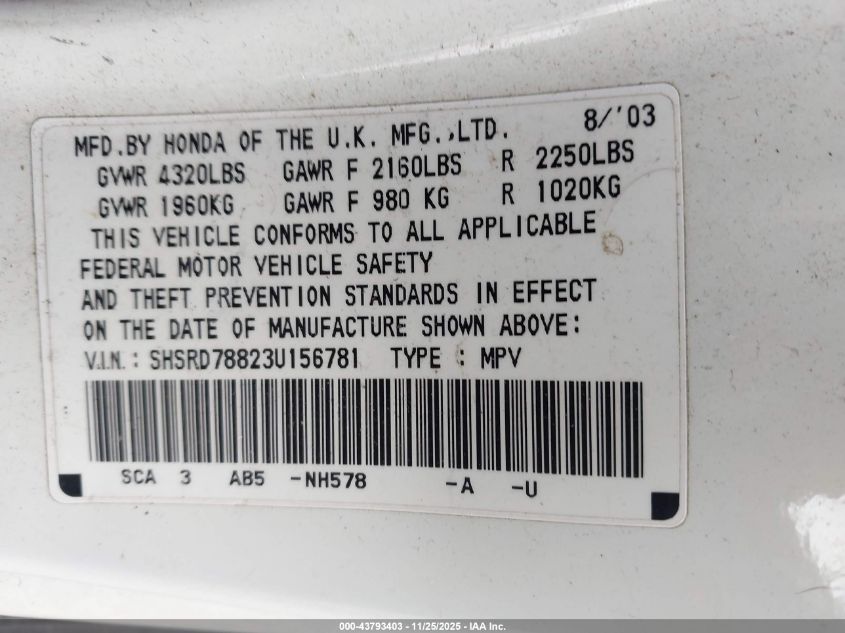 2003 Honda Cr-V Ex VIN: SHSRD78823U156781 Lot: 43793403