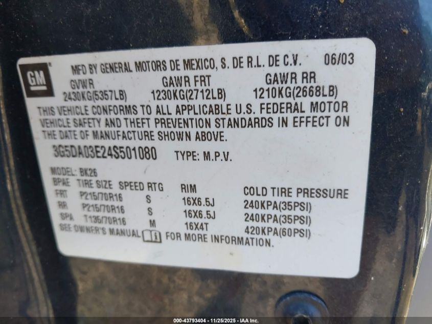 2004 Buick Rendezvous Cx VIN: 3G5DA03E24S501080 Lot: 43793404