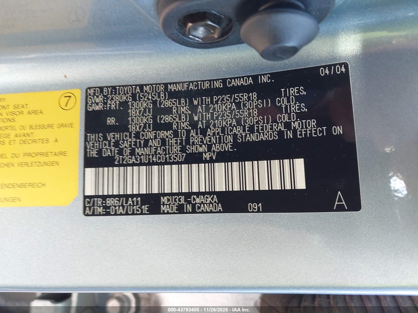 2004 Lexus Rx 330 VIN: 2T2GA31U14C013507 Lot: 43793405