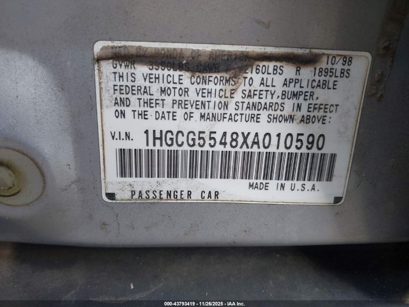 1999 Honda Accord Lx VIN: 1HGCG5548XA010590 Lot: 43793419