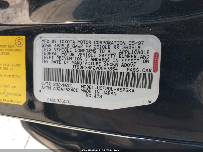 1997 Lexus Ls 400 VIN: JT8BH28F2V0092854 Lot: 43793420