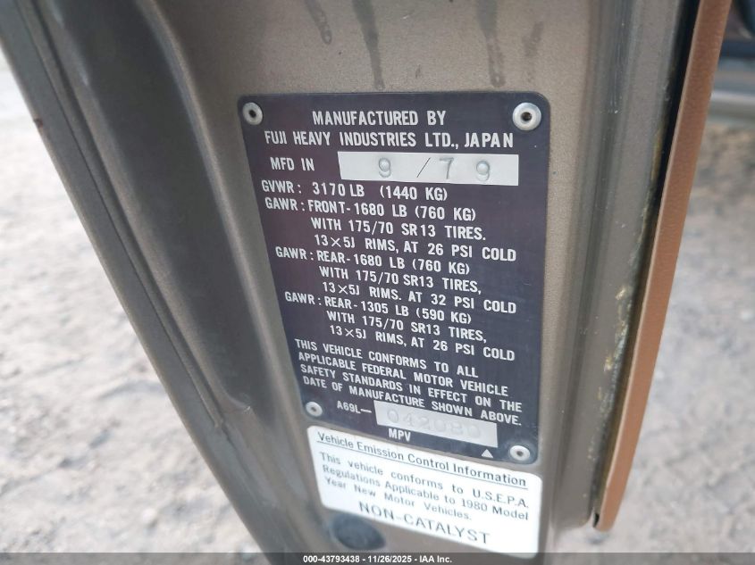 1980 Subaru Brat VIN: A69L042080 Lot: 43793438