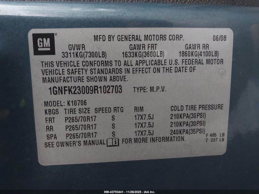 2009 Chevrolet Tahoe Lt2 VIN: 1GNFK23009R102703 Lot: 43793441
