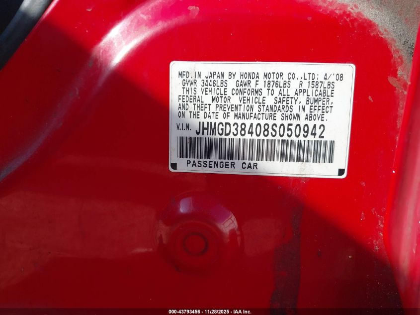 2008 Honda Fit VIN: JHMGD38408S050942 Lot: 43793456