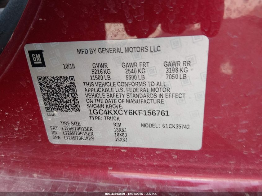 2019 Chevrolet Silverado 3500Hd Ltz VIN: 1GC4KXCY6KF156761 Lot: 43793469