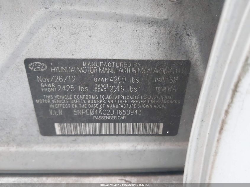 2013 Hyundai Sonata Gls VIN: 5NPEB4AC2DH650943 Lot: 43793497