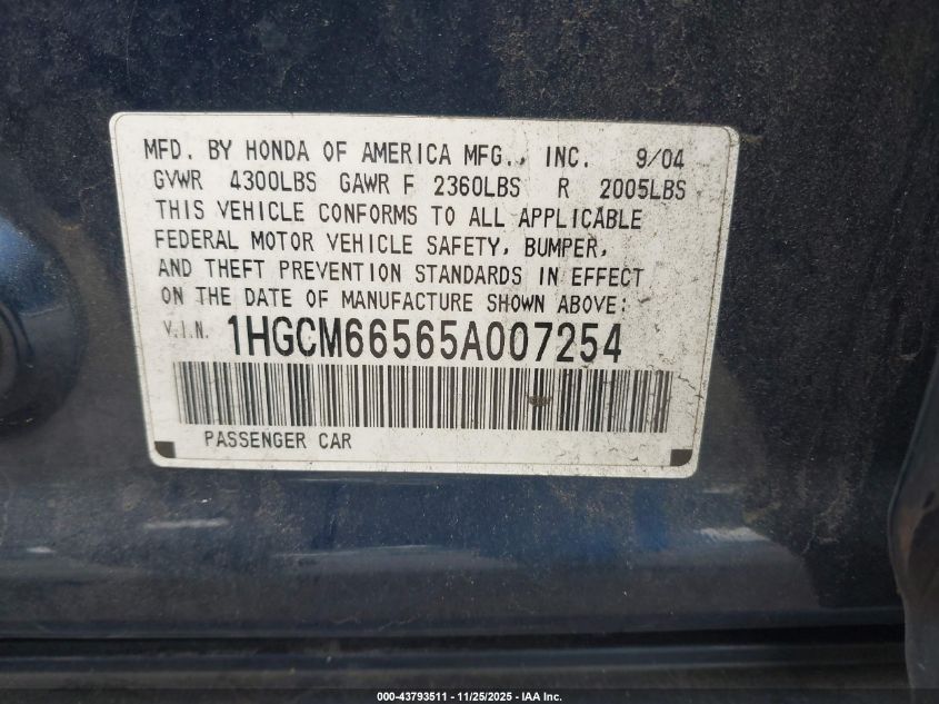 2005 Honda Accord 3.0 Ex VIN: 1HGCM66565A007254 Lot: 43793511