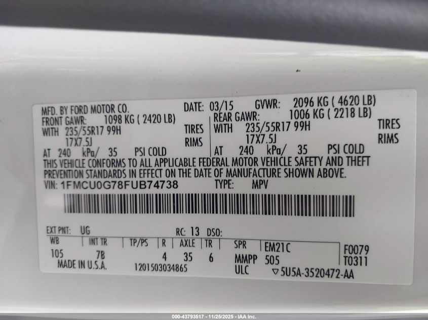 2015 Ford Escape Se VIN: 1FMCU0G78FUB74738 Lot: 43793517