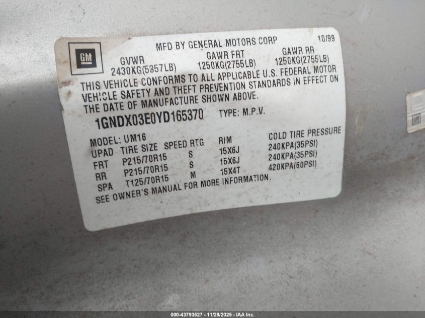 2000 Chevrolet Venture Ls VIN: 1GNDX03E0YD165370 Lot: 43793527