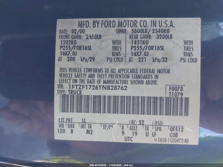 2000 Ford F-150 Work Series/Xl/Xlt VIN: 1FTZF1726YNB28762 Lot: 43793535