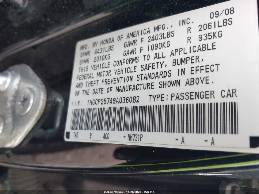 2009 Honda Accord 2.4 Ex VIN: 1HGCP25749A036082 Lot: 43793540