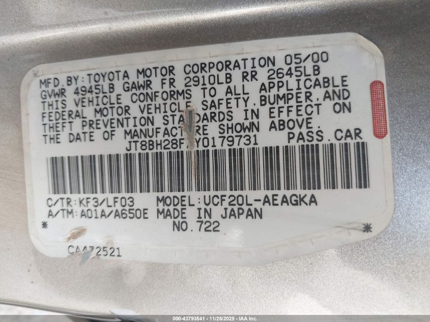 2000 Lexus Ls 400 VIN: JT8BH28FXY0179731 Lot: 43793541