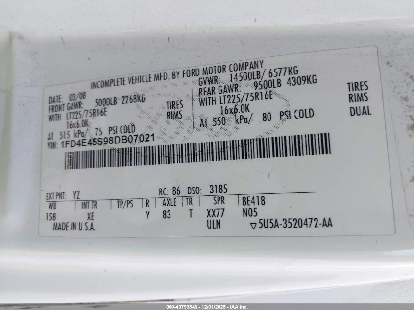 2008 Ford E-450 Cutaway VIN: 1FD4E45S98DB07021 Lot: 43793546