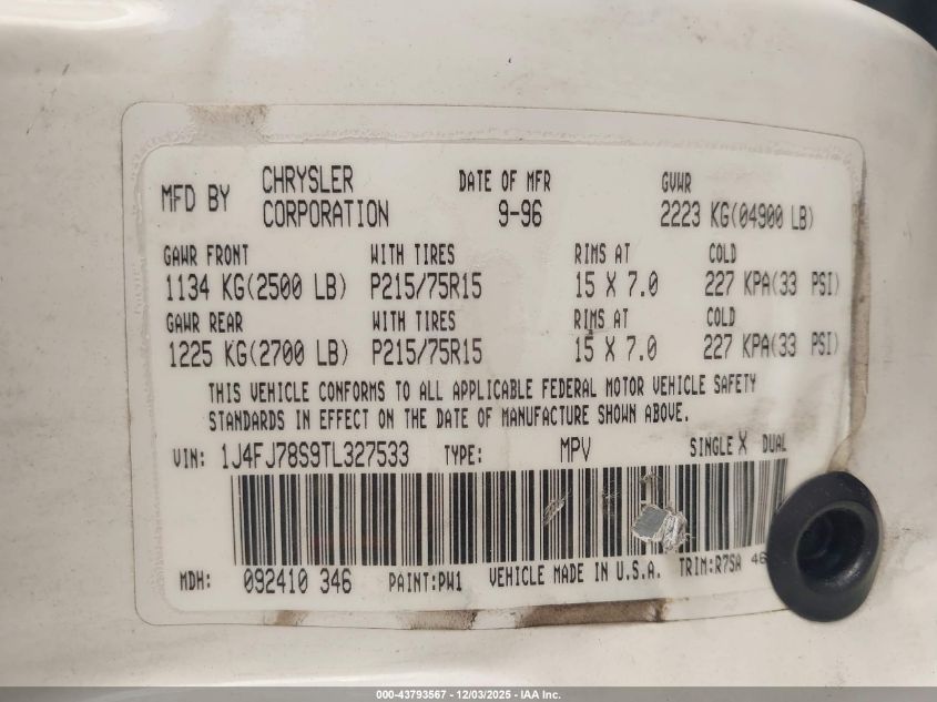 1996 Jeep Cherokee Country VIN: 1J4FJ78S9TL327533 Lot: 43793567
