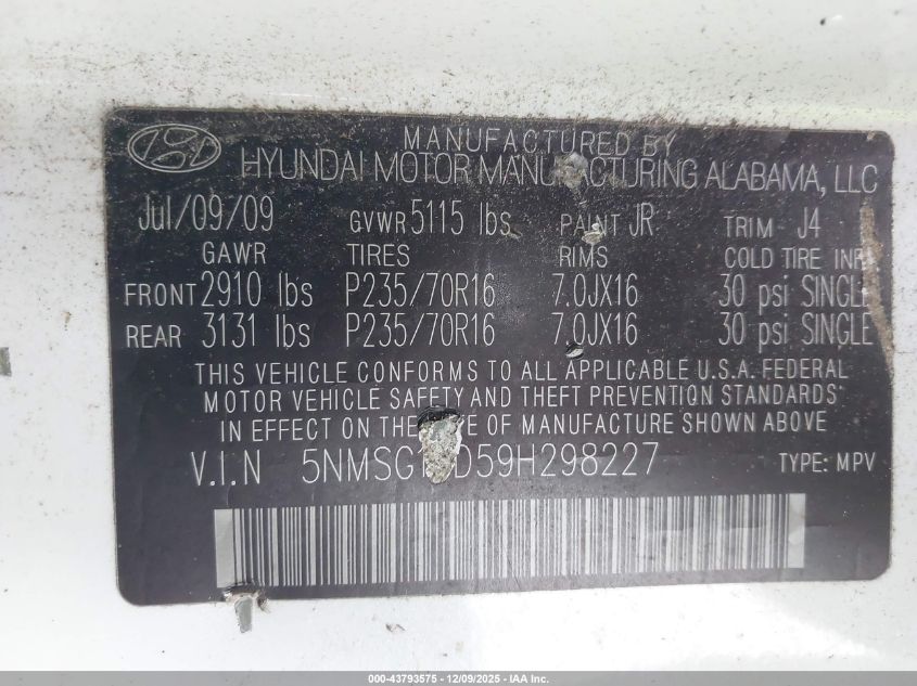 2009 Hyundai Santa Fe Gls VIN: 5NMSG13D59H298227 Lot: 43793575
