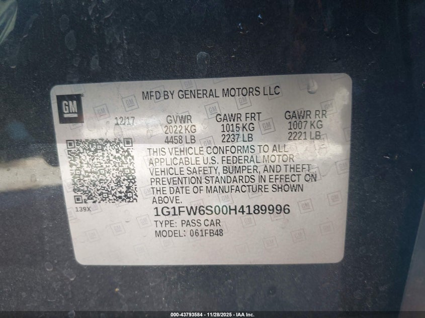 2017 Chevrolet Bolt Ev Lt VIN: 1G1FW6S00H4189996 Lot: 43793584