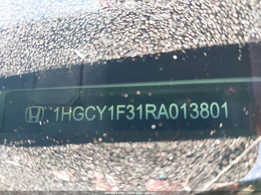 2024 Honda Accord Ex VIN: 1HGCY1F31RA013801 Lot: 43793589