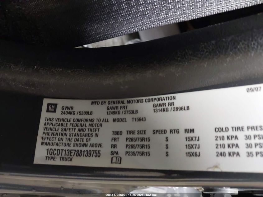 2008 Chevrolet Colorado Lt VIN: 1GCDT13E788139755 Lot: 43793600