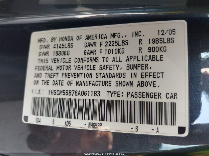 2006 Honda Accord 2.4 Ex VIN: 1HGCM56876A061183 Lot: 43793606