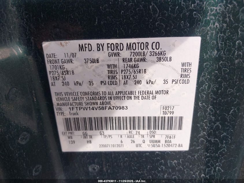 2008 Ford F-150 60Th Anniversary/Fx4/King Ranch/Lariat/Xlt VIN: 1FTPW14V58FA70983 Lot: 43793611