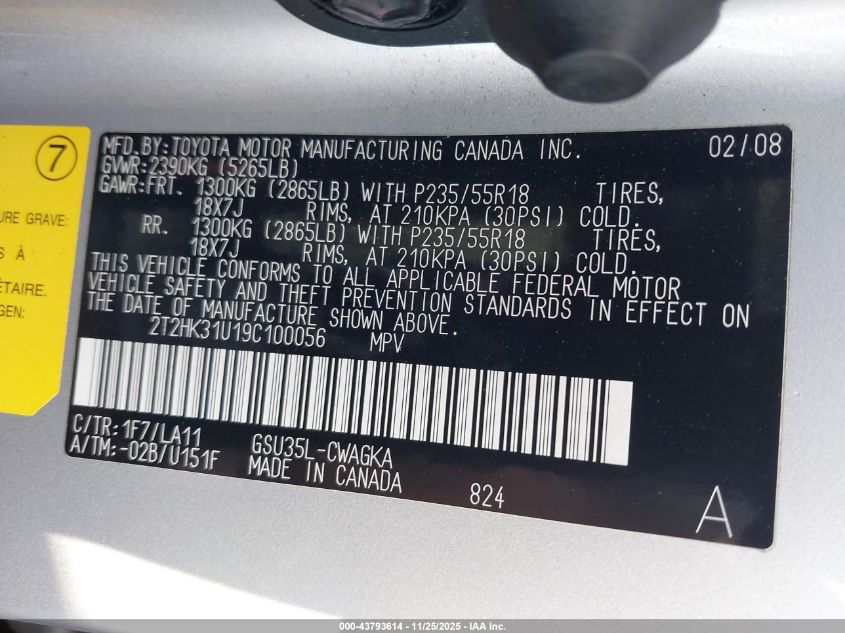 2009 Lexus Rx 350 VIN: 2T2HK31U19C100056 Lot: 43793614