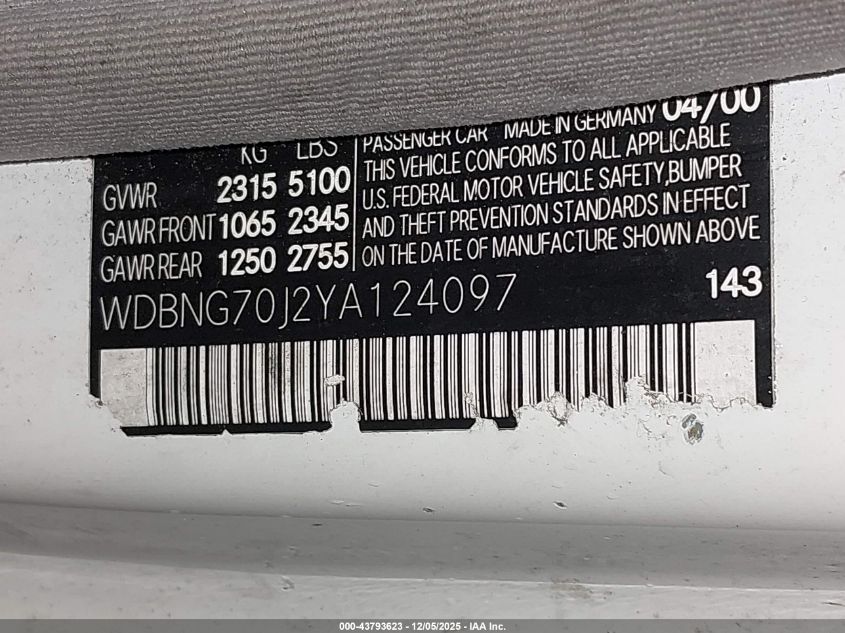 2000 Mercedes-Benz S 430 VIN: WDBNG70J2YA124097 Lot: 43793623