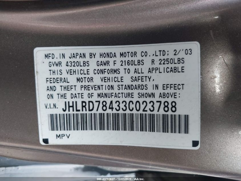 2003 Honda Cr-V Lx VIN: JHLRD78433C023788 Lot: 43793627