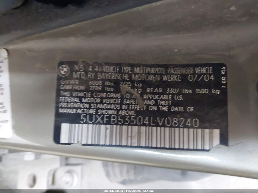 2004 BMW X5 4.4I VIN: 5UXFB53504LV08240 Lot: 43793633