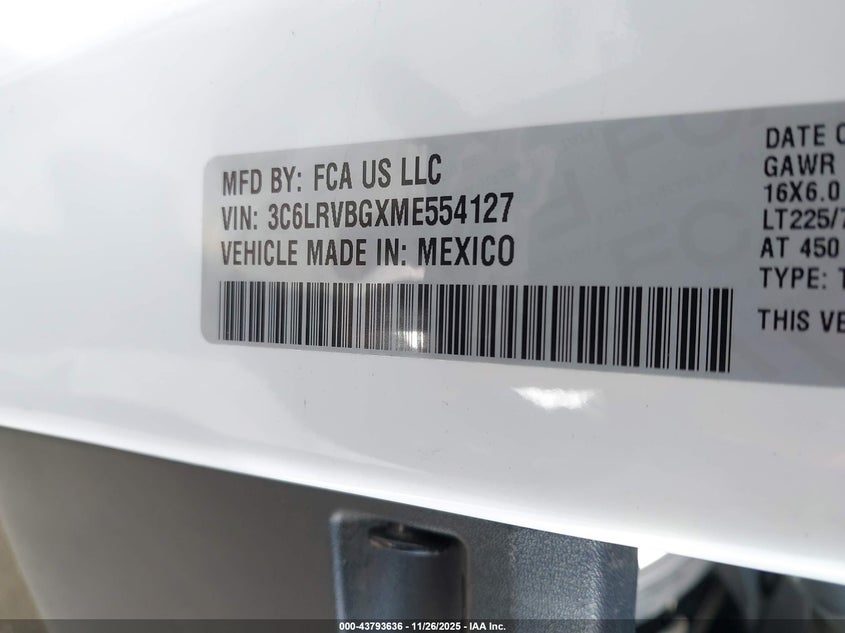 2021 Ram Promaster 1500 High Roof 136 Wb VIN: 3C6LRVBGXME554127 Lot: 43793636