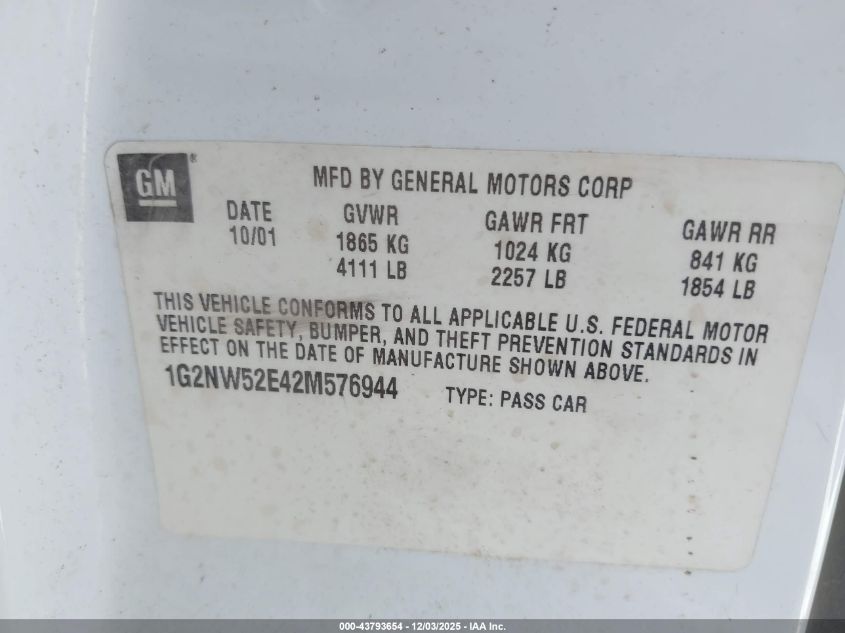 2002 Pontiac Grand Am Gt VIN: 1G2NW52E42M576944 Lot: 43793654