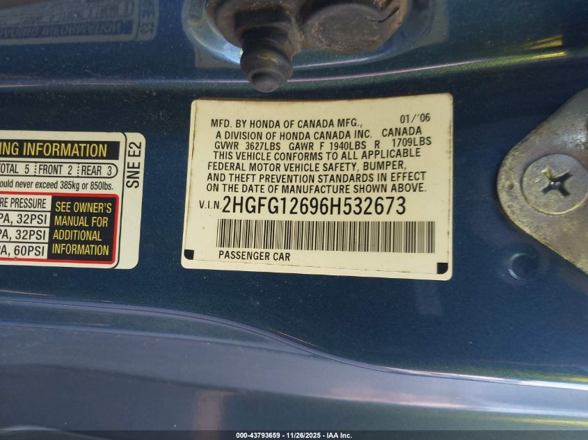 2006 Honda Civic Lx VIN: 2HGFG12696H532673 Lot: 43793659