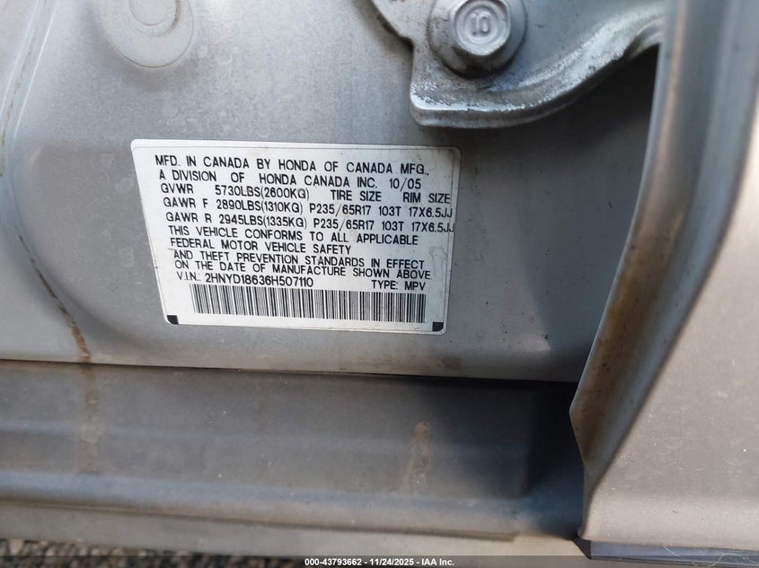 2006 Acura Mdx VIN: 2HNYD18636H507110 Lot: 43793662