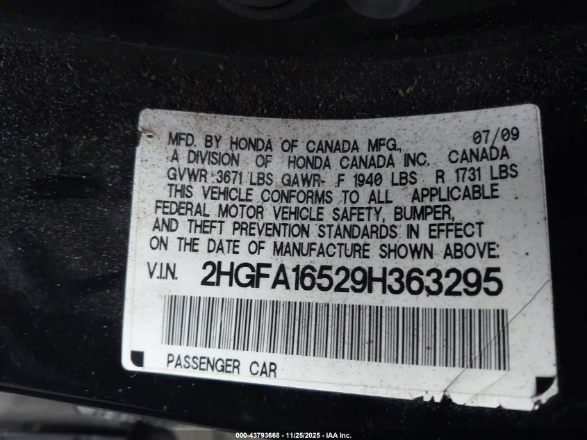 2009 Honda Civic Lx VIN: 2HGFA16529H363295 Lot: 43793668