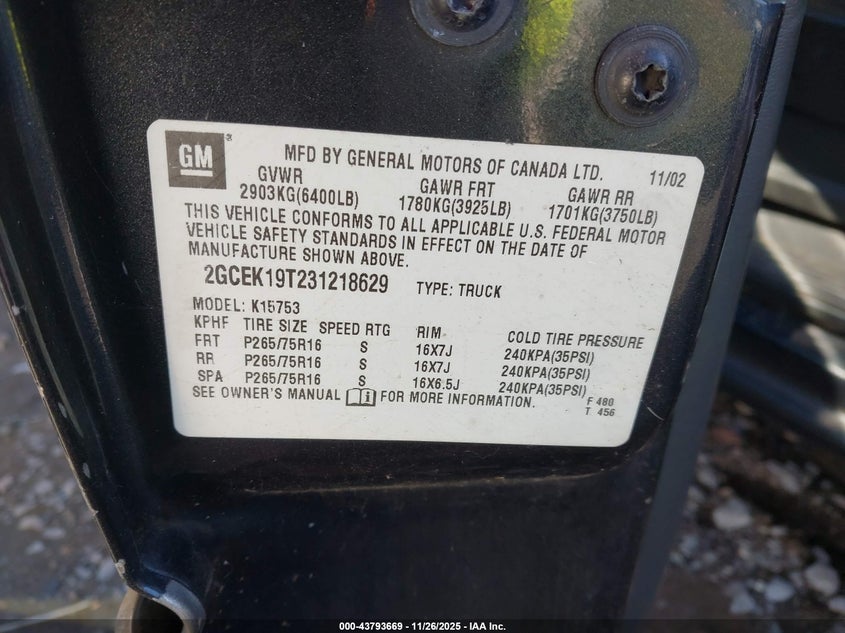 2003 Chevrolet Silverado 1500 Ls VIN: 2GCEK19T231218629 Lot: 43793669