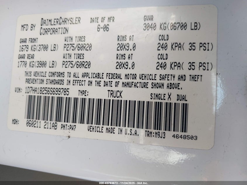 2006 Dodge Ram 1500 Slt VIN: 1D7HA18256S699785 Lot: 43793673