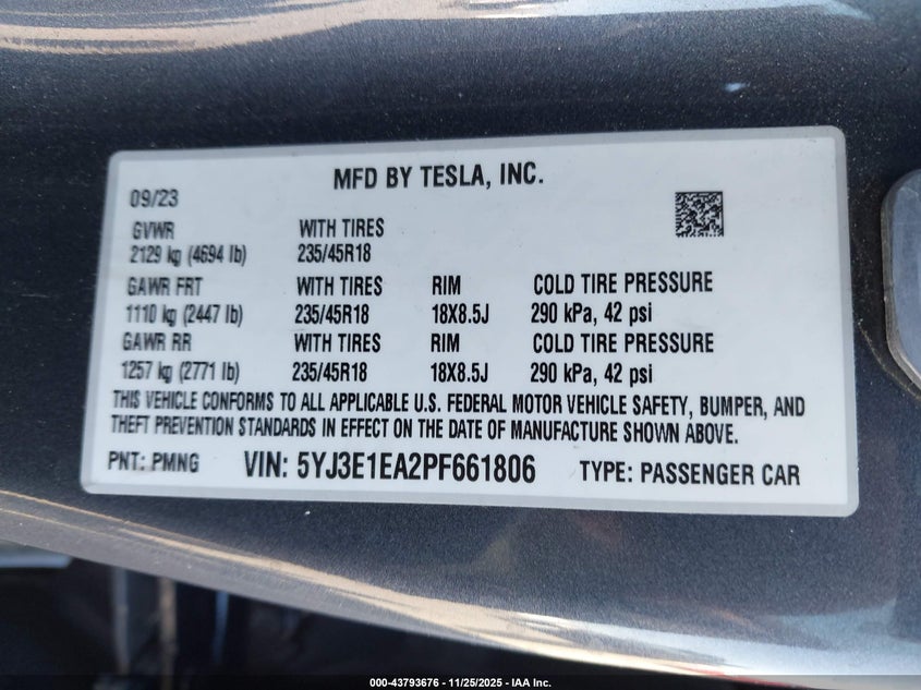 2023 Tesla Model 3 Rear-Wheel Drive VIN: 5YJ3E1EA2PF661806 Lot: 43793676