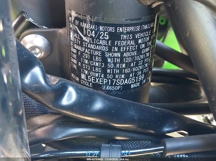 2025 Kawasaki Ex650 P VIN: ML5EXEP17SDAP5199 Lot: 43793693