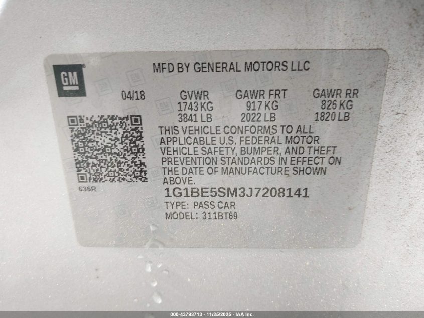 2018 Chevrolet Cruze Lt Auto VIN: 1G1BE5SM3J7208141 Lot: 43793713