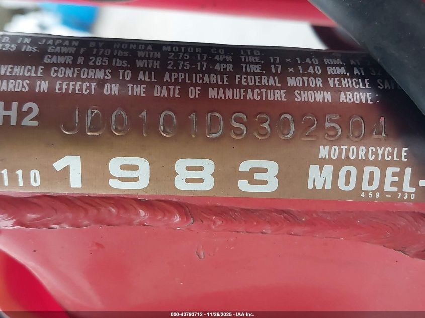 1983 Honda Ct110 VIN: JH2JD0101DS302504 Lot: 43793712