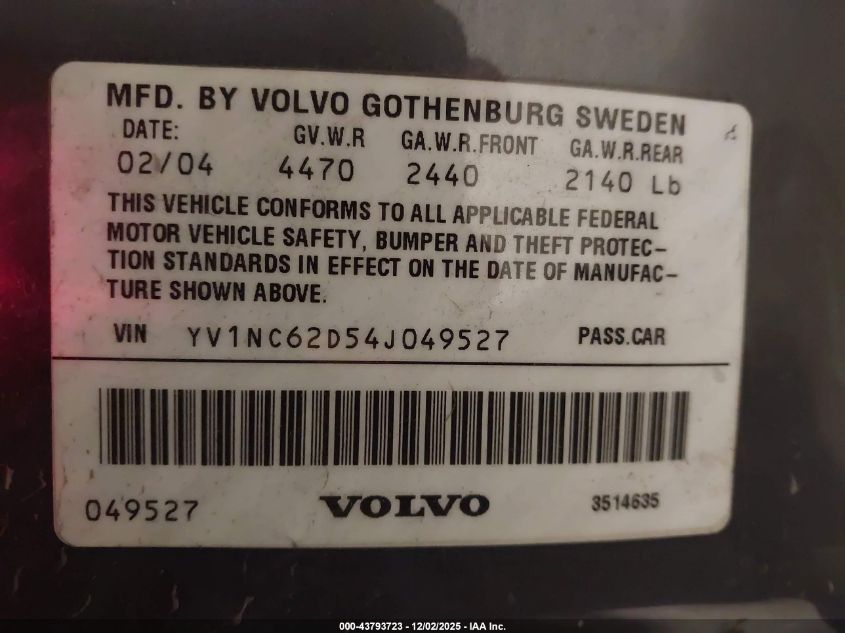 2004 Volvo C70 Ht VIN: YV1NC62D54J049527 Lot: 43793723