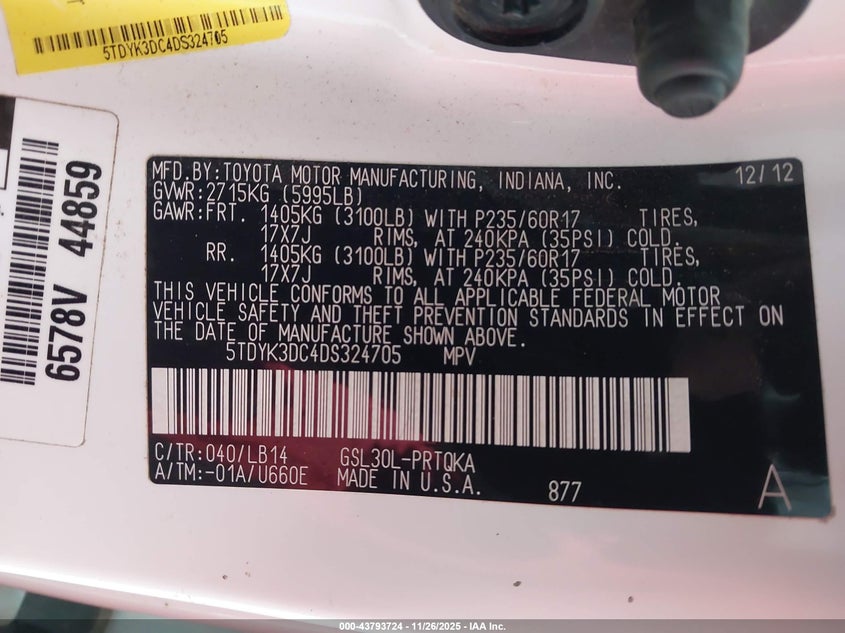 2013 Toyota Sienna Xle V6 8 Passenger VIN: 5TDYK3DC4DS324705 Lot: 43793724