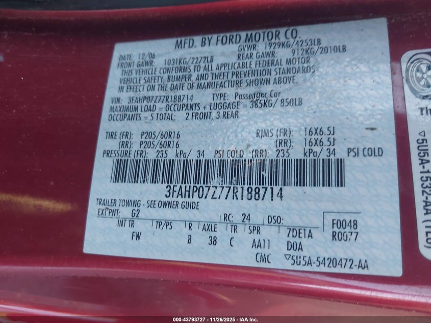 2007 Ford Fusion Se VIN: 3FAHP07Z77R188714 Lot: 43793727