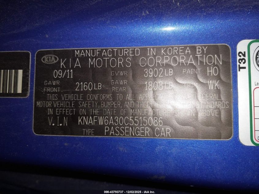 2012 Kia Forte Koup Sx VIN: KNAFW6A30C5515086 Lot: 43793737