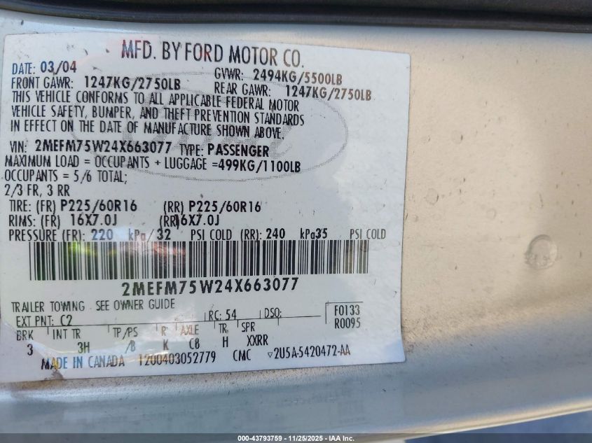 2004 Mercury Grand Marquis Ls VIN: 2MEFM75W24X663077 Lot: 43793759
