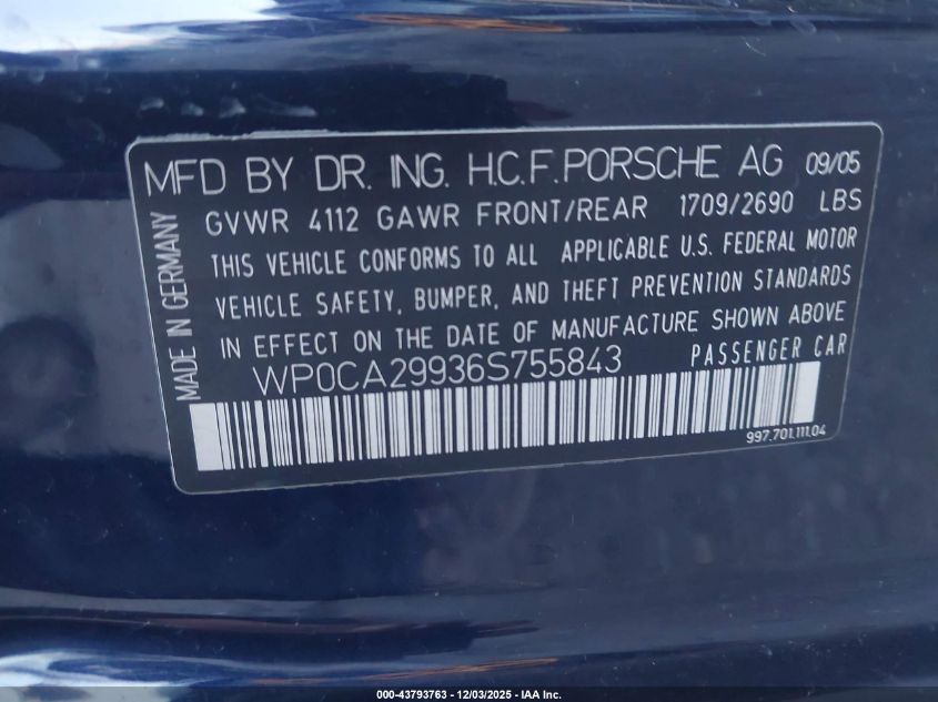 2006 Porsche 911 Carrera/Carrera 4 VIN: WP0CA29936S755843 Lot: 43793763