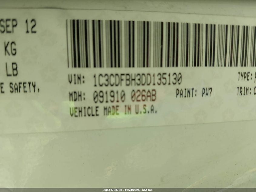 2013 Dodge Dart Rallye VIN: 1C3CDFBH3DD135130 Lot: 43793768