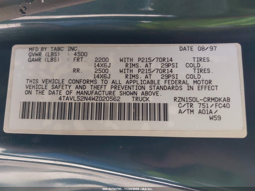 1998 Toyota Tacoma VIN: 4TAVL52N4WZ020562 Lot: 43793793