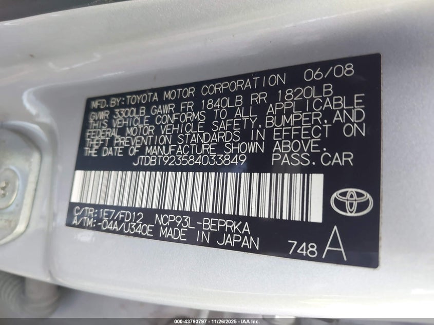 2008 Toyota Yaris VIN: JTDBT923584033849 Lot: 43793797