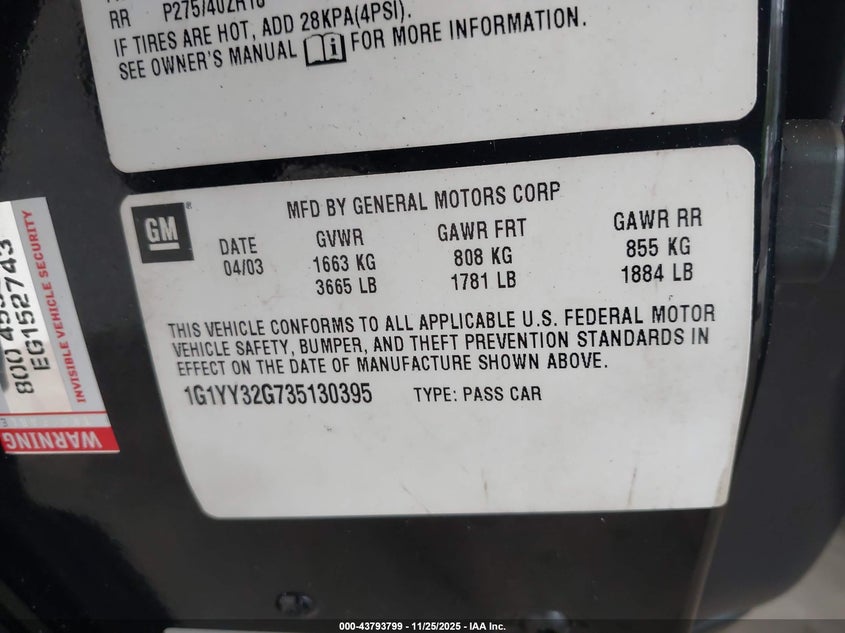 2003 Chevrolet Corvette VIN: 1G1YY32G735130395 Lot: 43793799