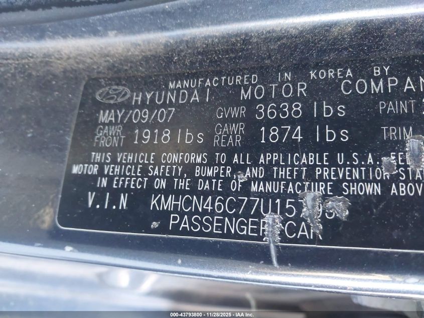 2007 Hyundai Accent Gls VIN: KMHCN46C77U157935 Lot: 43793800